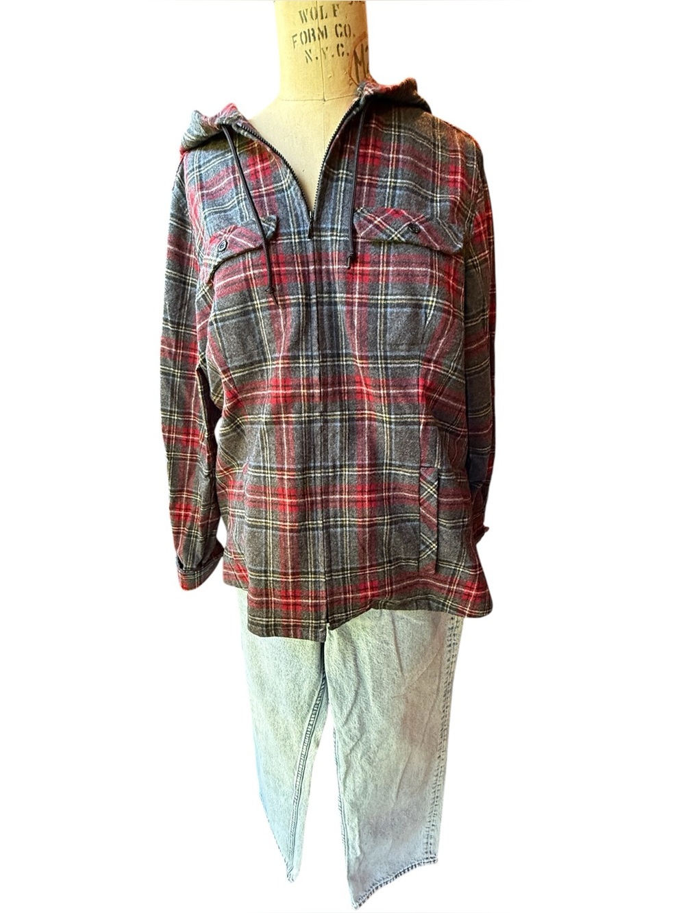 Pendleton 100% Virgin Wool Plaid Hooded Jacket Red Gray XL